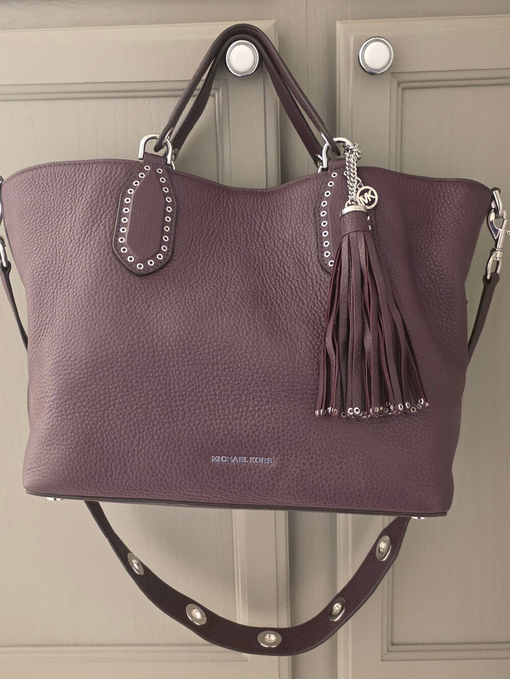 Michael Kors Brooklyn Large Leather Satchel Crossbody Bag Oxblood Plum Tote EUC